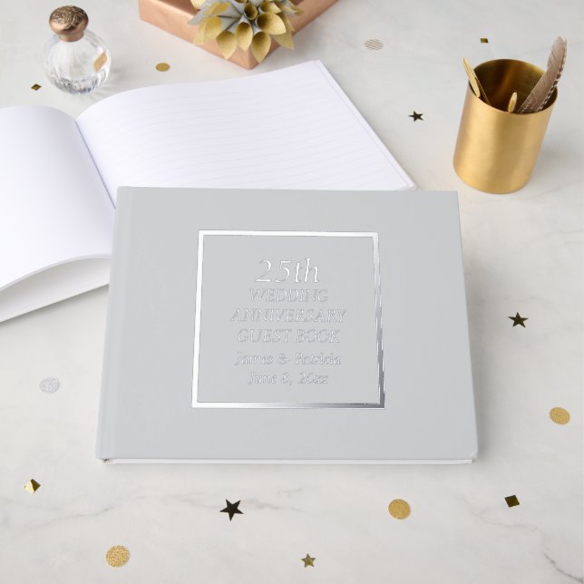 25th Wedding Anniversary Simple Silver Stylised Guest Book (Front Open)
