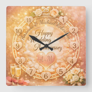 25th Wedding Anniversary Square Wall Clock
