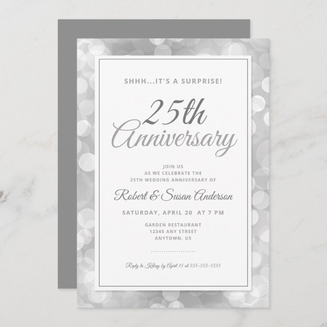 25th Wedding Anniversary Surprise | Silver Bokeh Invitation (Front/Back)