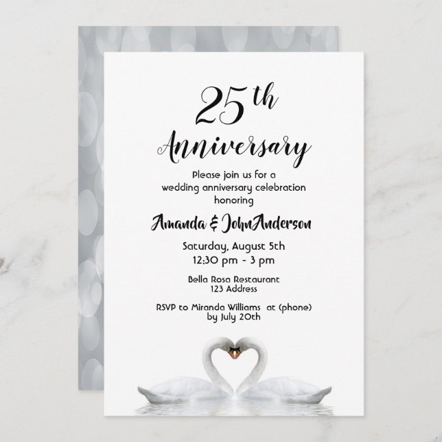 25th wedding anniversary two swans in love white invitation (Front/Back)