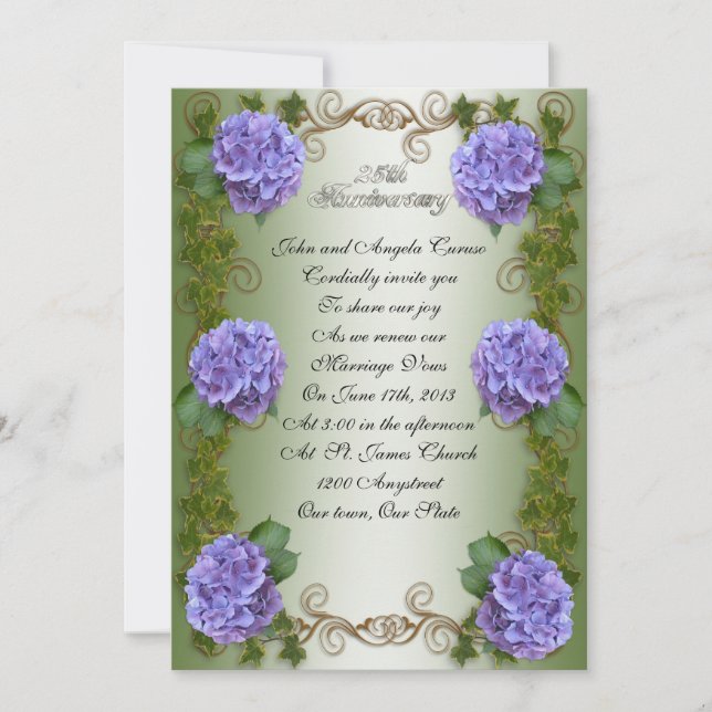 25th Wedding Anniversary vow renewal hydrangeas Invitation (Front)