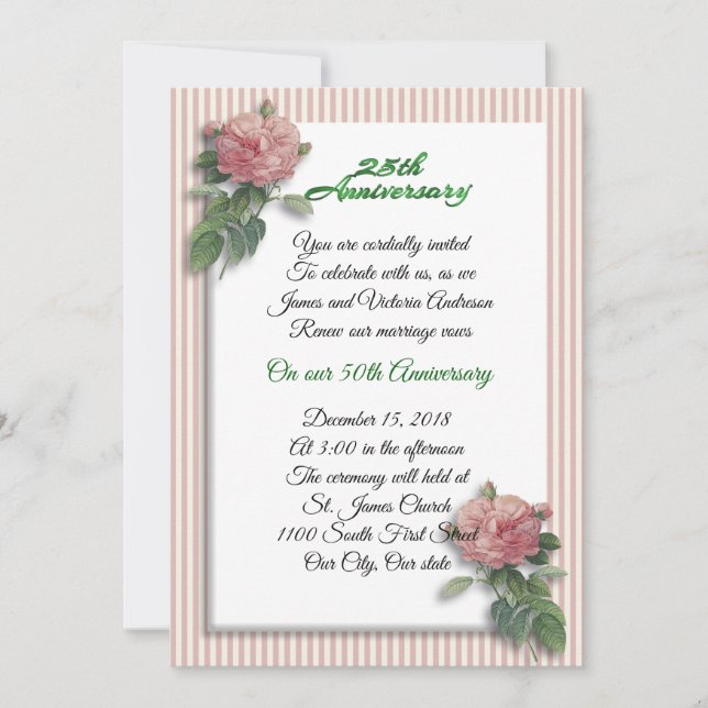 25th Wedding anniversary vow renewal pink roses Invitation (Front)