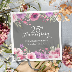 25th Wedding Anniversary Watercolor Roses Greenery Napkin