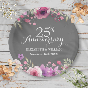 25th Wedding Anniversary Watercolor Roses Paper Plate