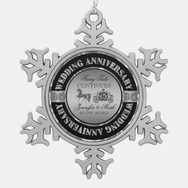 25th Wedding Anniversary-Wedding Horse & Carriage Snowflake Pewter Christmas Ornament (Front)