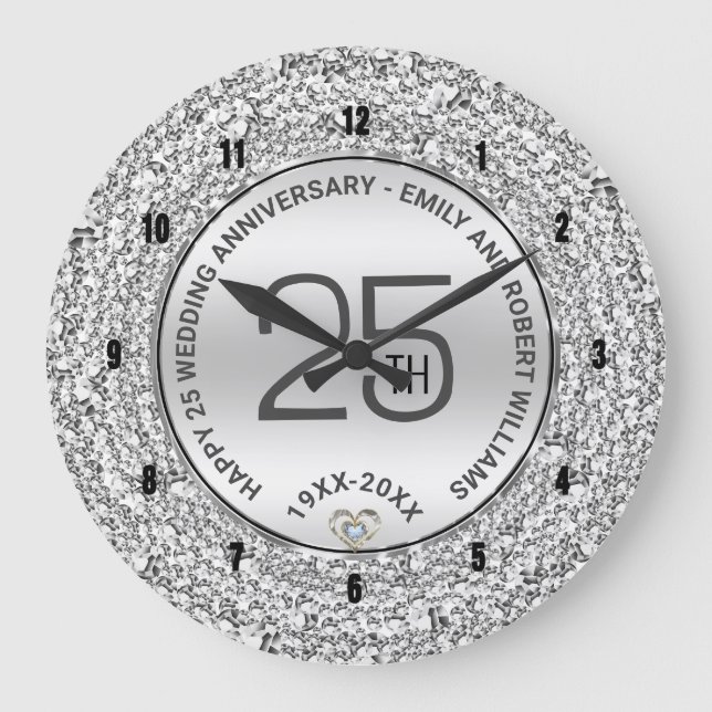 25th wedding Anniversary white diamonds & silver Large Clock (Front)