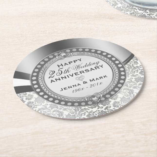 25th Wedding Anniversary White & Silver Damasks Round Paper Coaster (Angled)