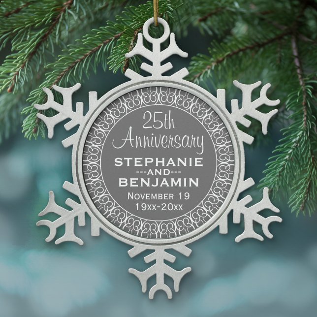 25th Wedding Anniversary with Bride & Groom Names Snowflake Pewter Christmas Ornament (Personalized Pewter Christmas Ornament - 25th Wedding Anniversary)