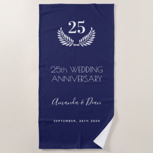 25th wedding annversary navy blue white wreath beach towel