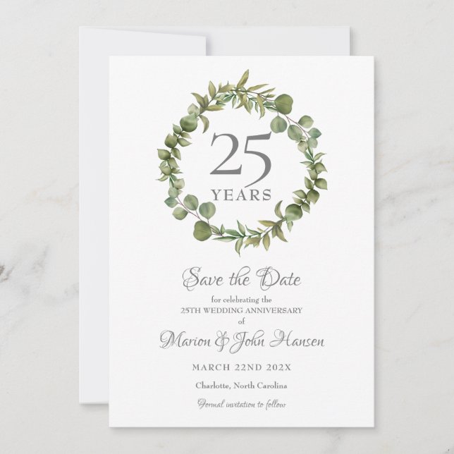 25th Wedding Silver Anniversary Greenery Garland  Save The Date (Front)