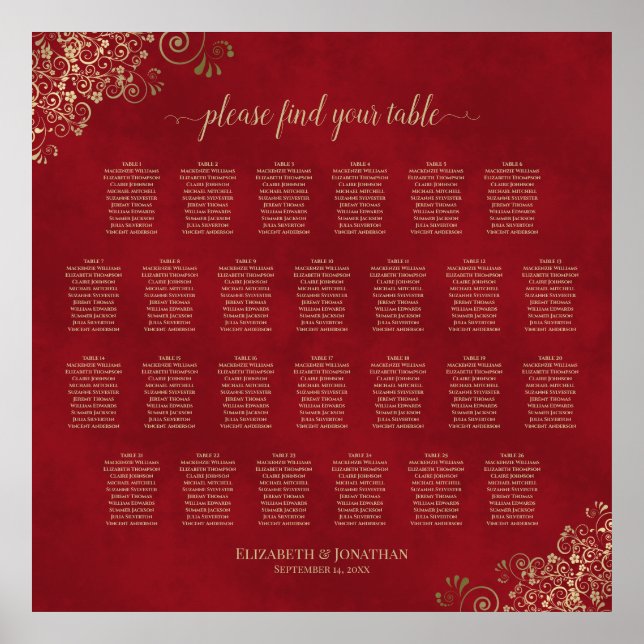 26 Table Gold Frills on Red Wedding Seating Chart (Front)