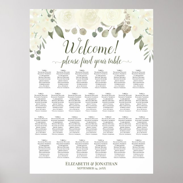 26 Table Ivory White Roses Wedding Seating Chart (Front)