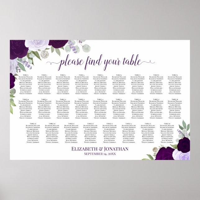 26 Table Purple Boho Roses Wedding Seating Chart (Front)