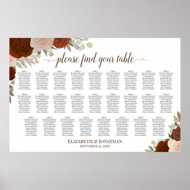 26 Table Rustic Autumn Roses Wedding Seating Chart (Front)