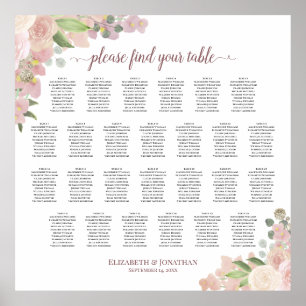26 Table Rustic Pink Roses Wedding Seating Chart