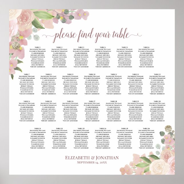 26 Table Rustic Pink Roses Wedding Seating Chart (Front)