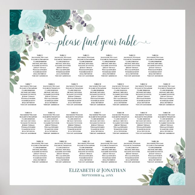 26 Table Teal Boho Roses Wedding Seating Chart (Front)