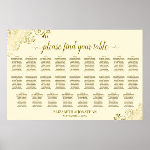 26 Table Wedding Seating Chart Cream & Gold Frills