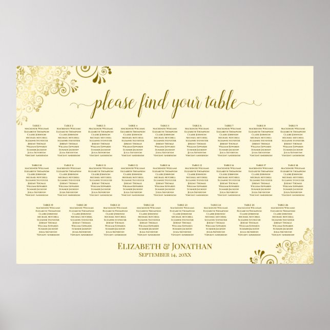 26 Table Wedding Seating Chart Cream & Gold Frills (Front)