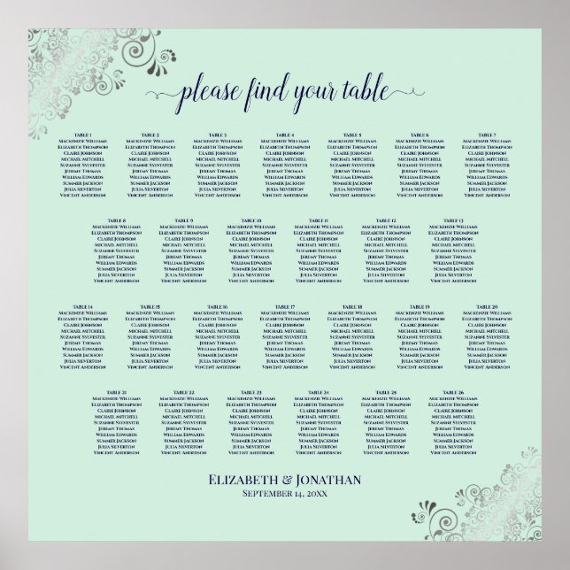 26 Table Wedding Seating Chart Mint Green & Navy (Front)
