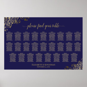 26 Table Wedding Seating Chart Navy Blue & Gold