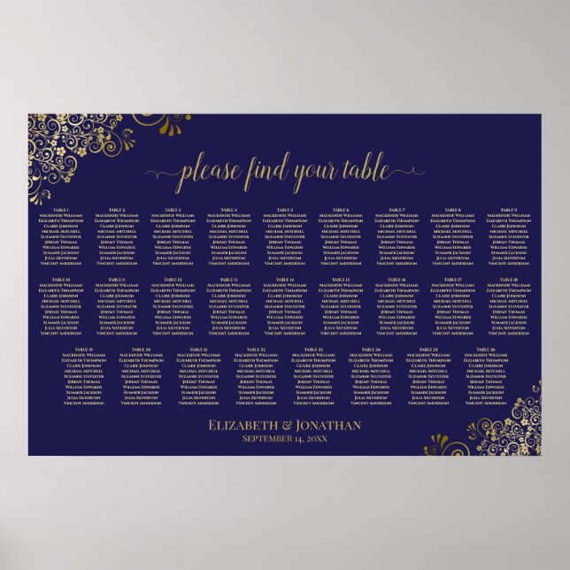 26 Table Wedding Seating Chart Navy Blue & Gold (Front)