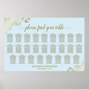 26 Table Wedding Seating Chart Powder Blue & Gold