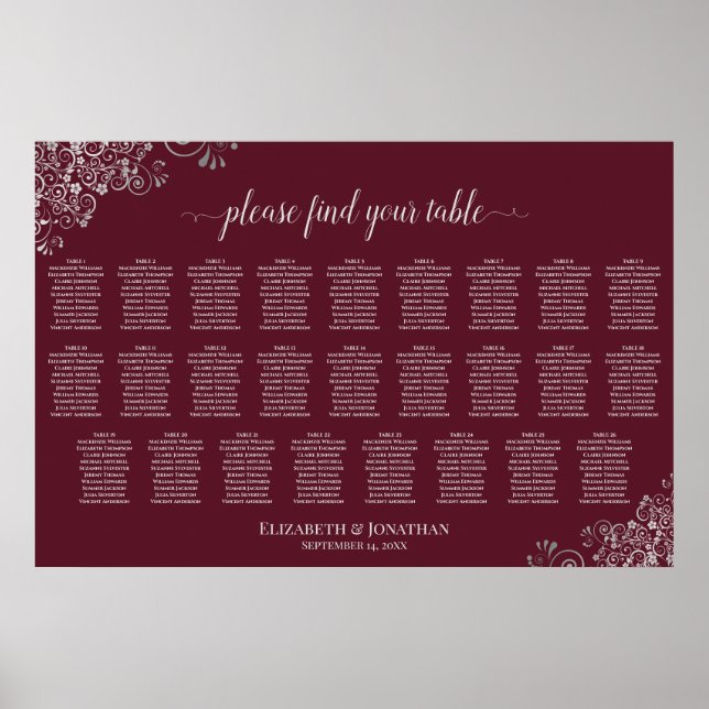 26 Table Wedding Seating Chart Silver on Burgundy (Front)