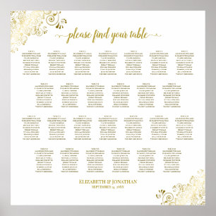 26 Table Wedding Seating Chart White & Gold Frills