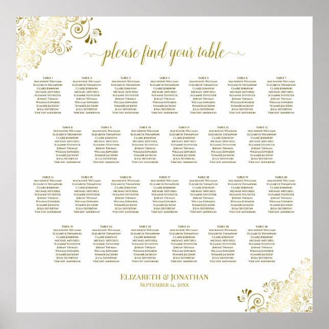 26 Table Wedding Seating Chart White & Gold Frills (Front)