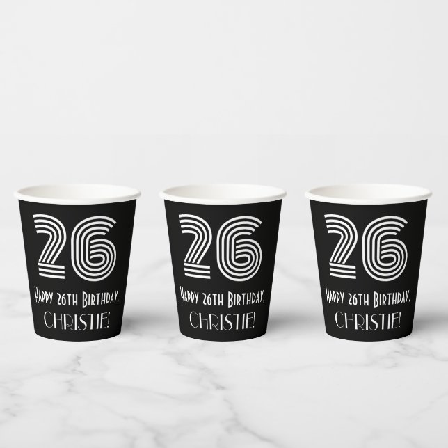 26th Birthday — Art Deco Inspired Look “26” + Name Paper Cups (Multi)