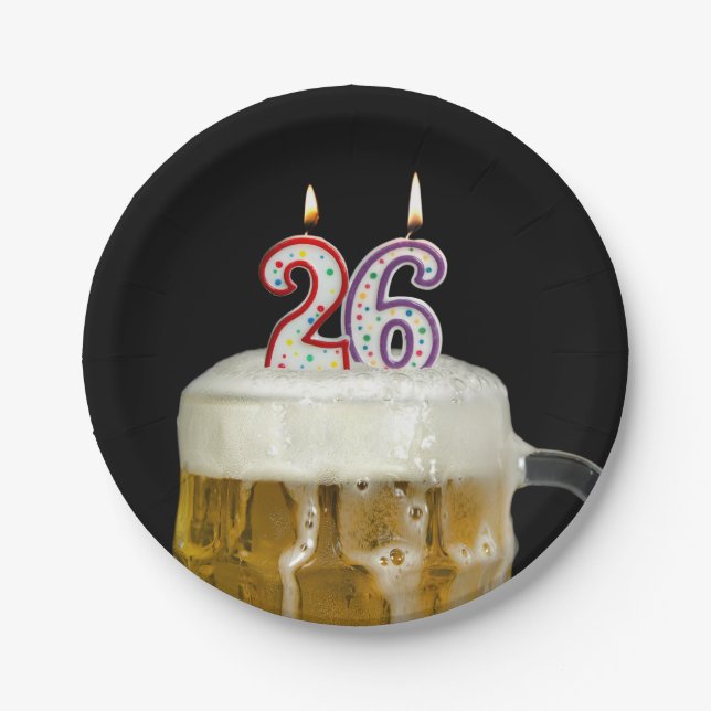26th birthday beer with candle paper plate (Front)