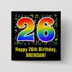 26th Birthday: Colorful Music Symbols, Rainbow 26 15 Cm Square Badge