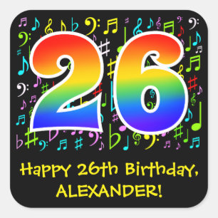 26th Birthday: Colourful Music Symbols, Rainbow 26 Square Sticker