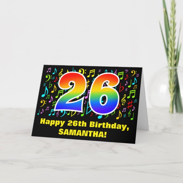 26th Birthday: Colourful Music Symbols & Rainbow 2 Card (Front)