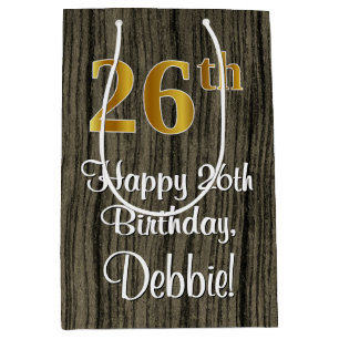 26th Birthday: Elegant Faux Gold Look #, Faux Wood Medium Gift Bag