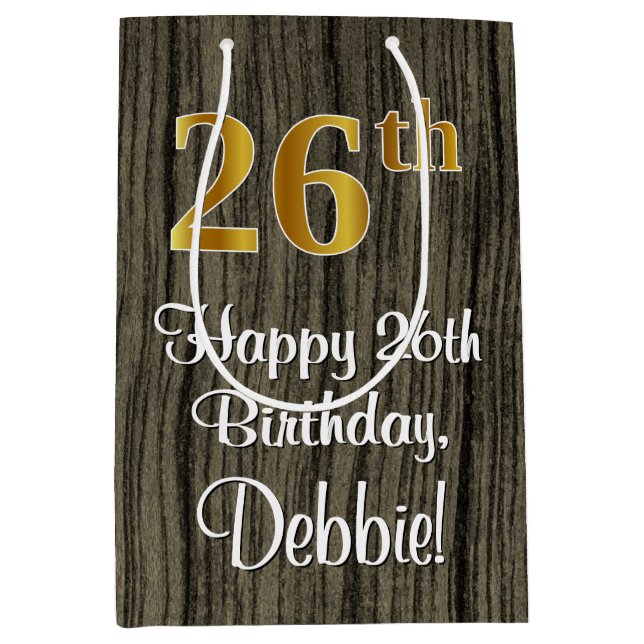 26th Birthday: Elegant Faux Gold Look #, Faux Wood Medium Gift Bag (Front)