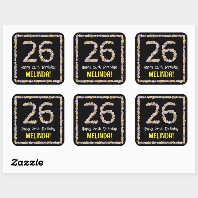 26th Birthday: Floral Flowers Number, Custom Name Square Sticker (Sheet)