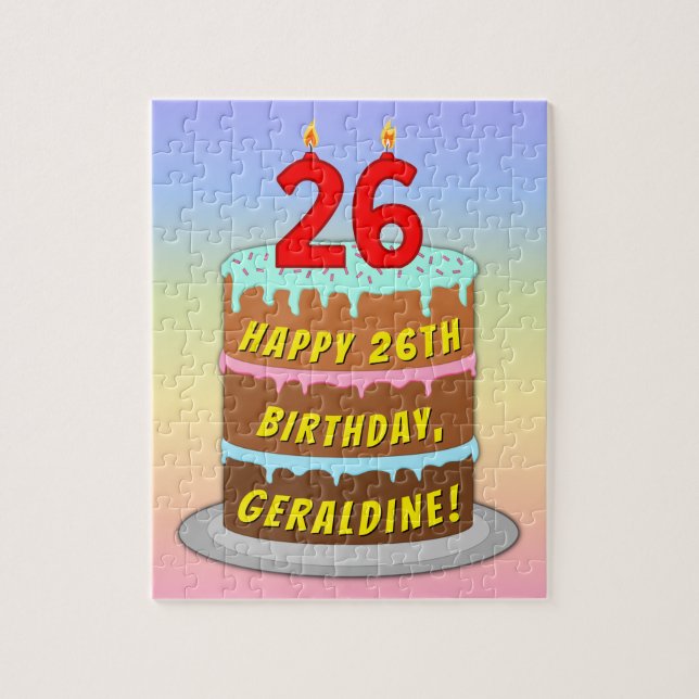 26th Birthday: Fun Cake and Candles + Custom Name Jigsaw Puzzle (Vertical)