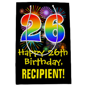 26th Birthday: Fun Fireworks Pattern + Rainbow 26 Medium Gift Bag