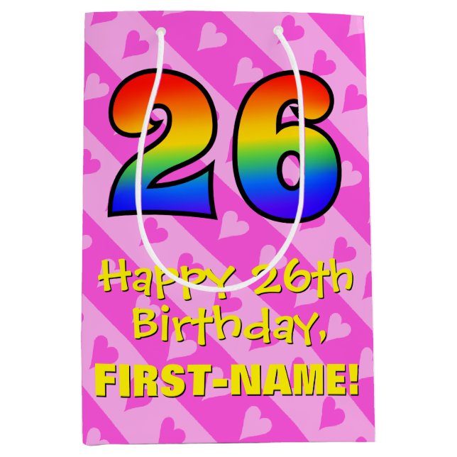 26th Birthday: Fun Pink Hearts Stripes; Rainbow 26 Medium Gift Bag (Front)
