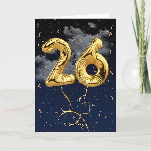 26th Birthday Gold Mylar Balloon and Confetti Card (Front)