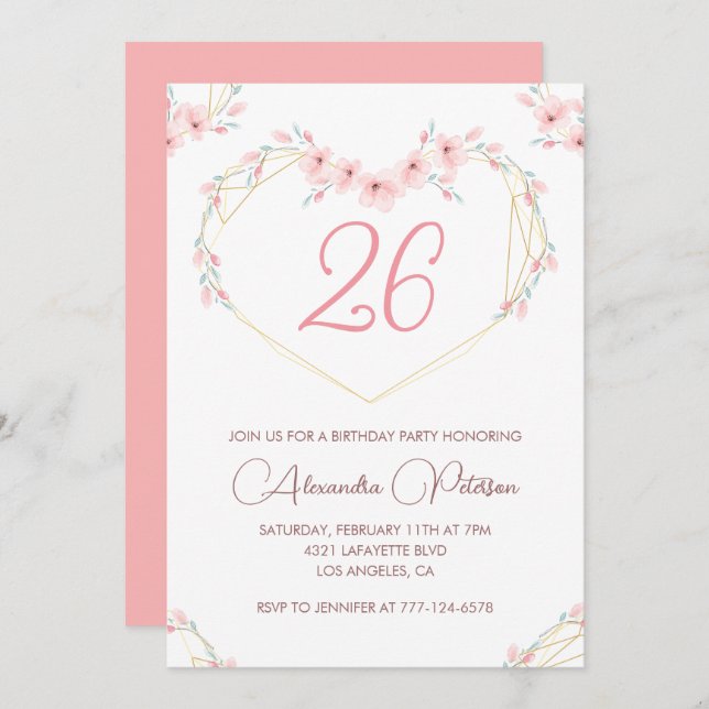 26th birthday invitations Boho Floral Pink (Front/Back)