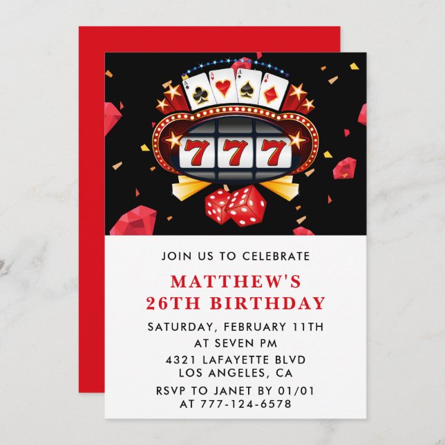26th birthday invitations Casino theme Poker Red (Front/Back)