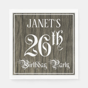 26th Birthday Party — Fancy Script, Faux Wood Look Napkin