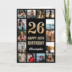 26th Happy Birthday Black and Gold Photo Collage Card