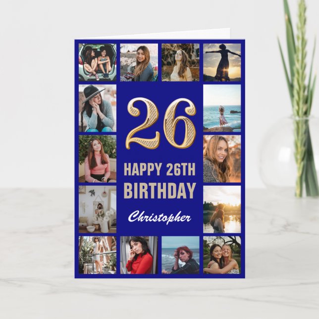 26th Happy Birthday Navy Blue & Gold Photo Collage Card (Front)