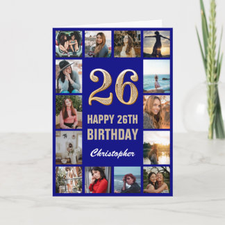 26th Happy Birthday Navy Blue & Gold Photo Collage Card