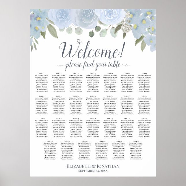 27 Table Dusty Blue Roses Wedding Seating Chart (Front)