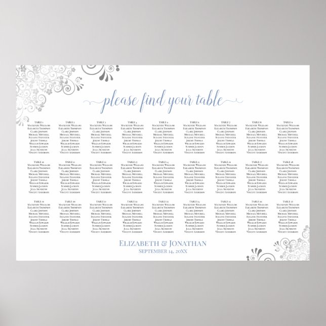 27 Table Dusty Blue & White Wedding Seating Chart (Front)